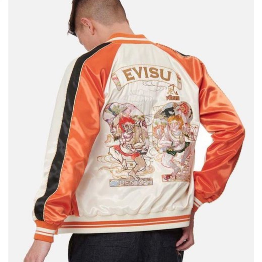 Sold！BRAND NEW！EVISU｜Fujin Twins Embroidered Souvenir Jacket｜Orange｜Size S